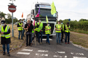 Protesters in front of a tanker at the junction of Horse Hill and Reigate Road